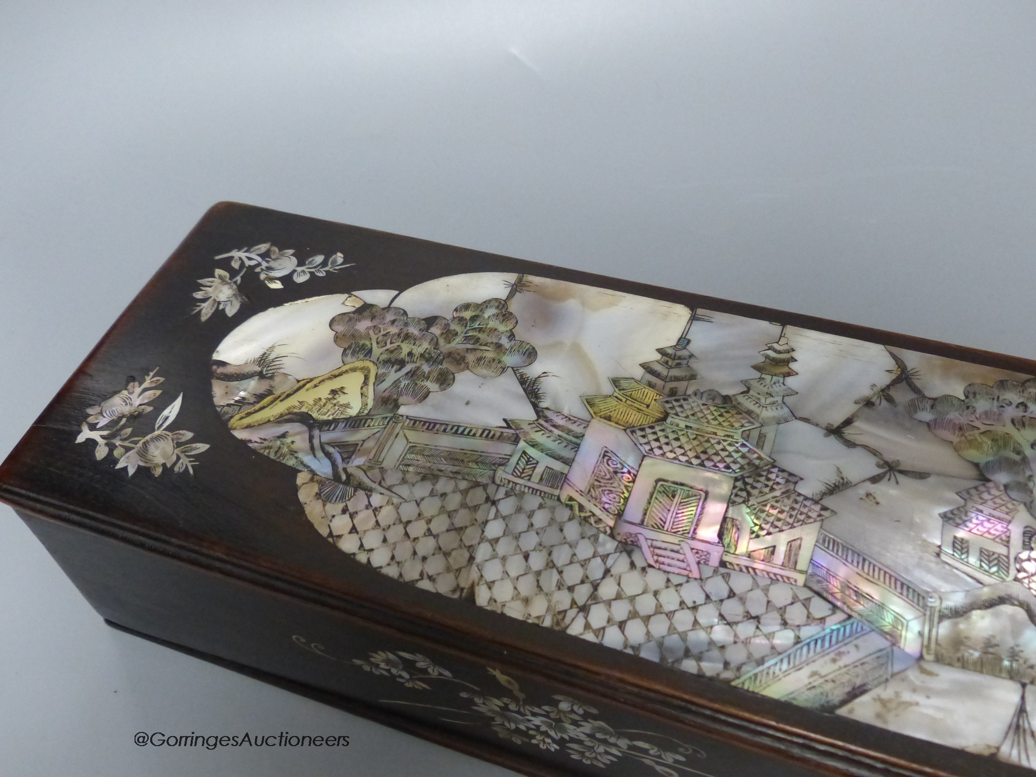 A Chinese Hongmu and mother of pearl brush box, 40cm long